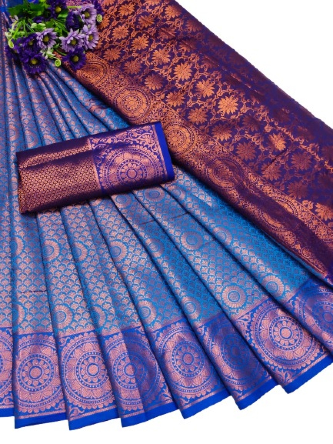 

QENY Woven Design Zari Pure Silk Banarasi Saree, Blue