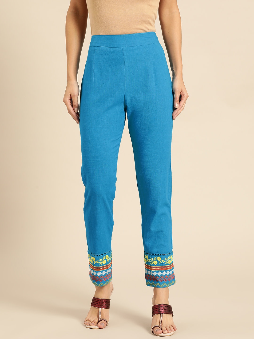 

Anouk Women Embroidered Comfort Regular Cotton Trousers, Blue