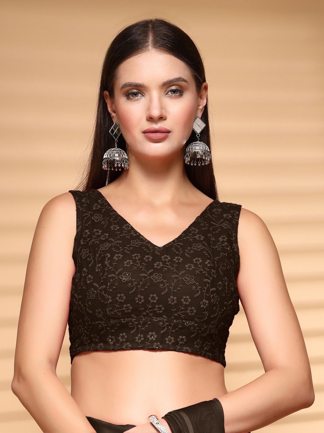 

Oomph! Embroidered V Neck Saree Blouse, Coffee brown