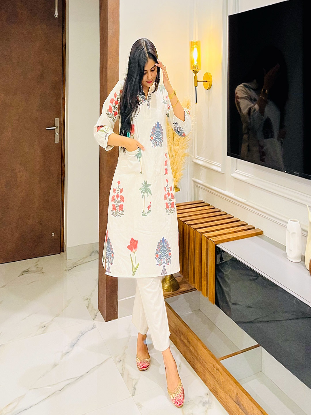 

KALINI Floral Printed Mandarin Collar Linen A-Line Kurta With Trousers, Beige