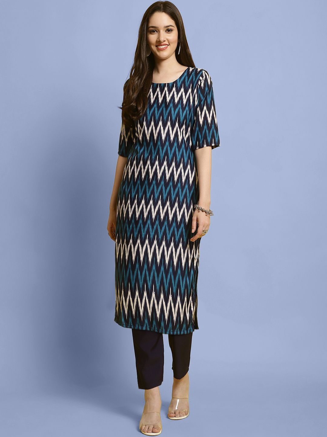 

7Threads Chevron Printed Round Neck Straight Kurta with Trouser, Navy blue