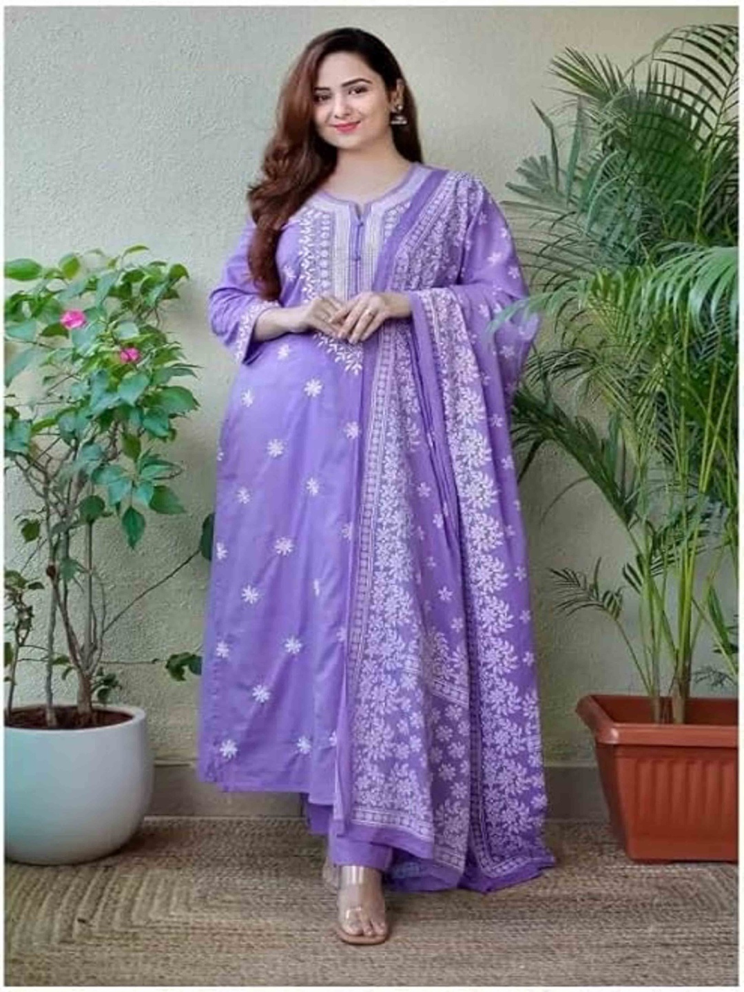 

KALINI Printed Regular Mirror Work A-Line Kurta with Palazzos & Dupatta, Purple