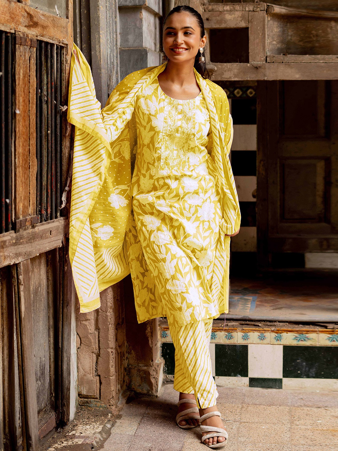 

KALINI Floral Printed Sequinned Pure Cotton Straight Kurta with Trousers, Mustard