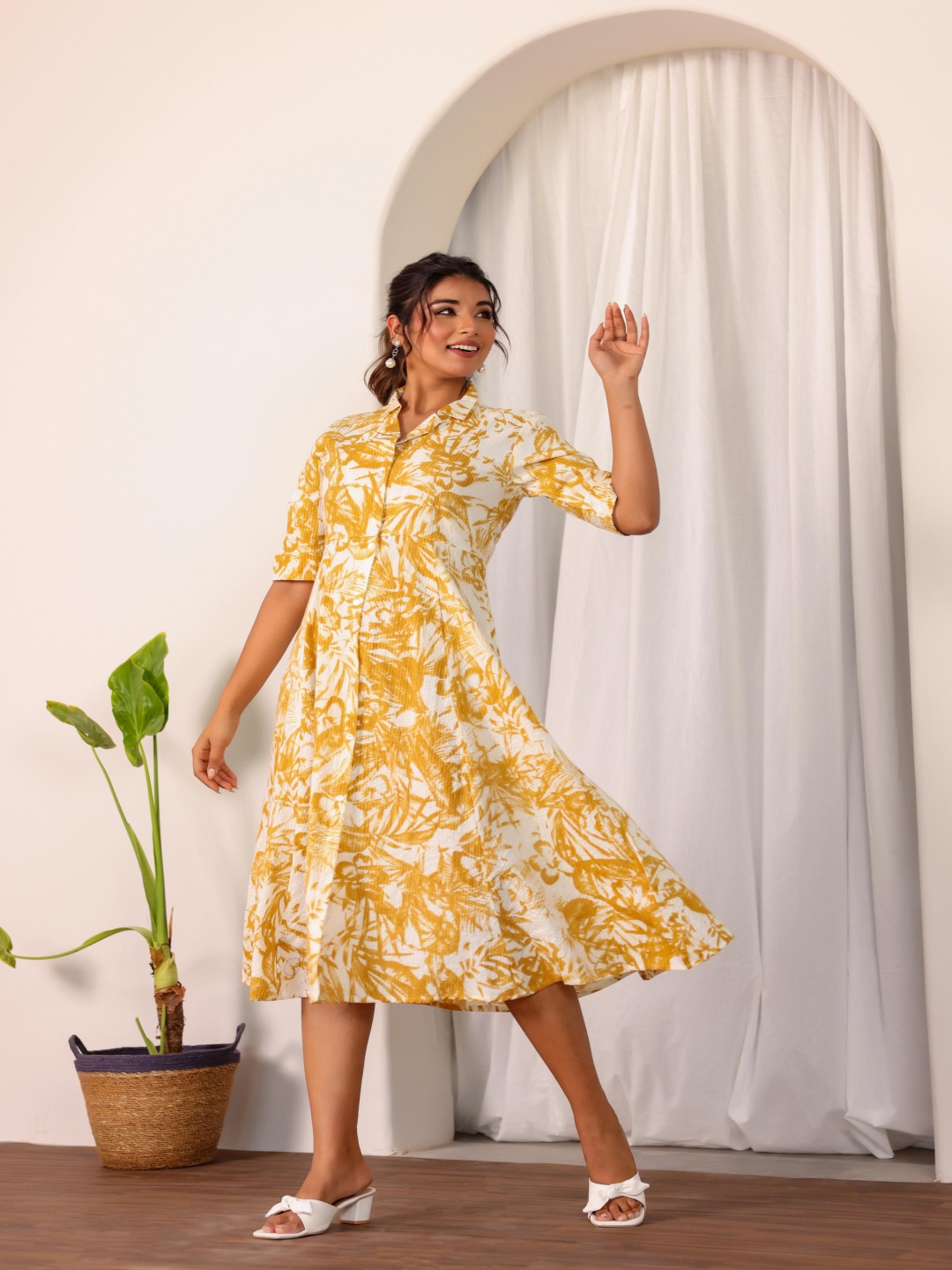 

FLAVIA CREATION Floral Printed Cotton A-Line Midi Dress, Yellow