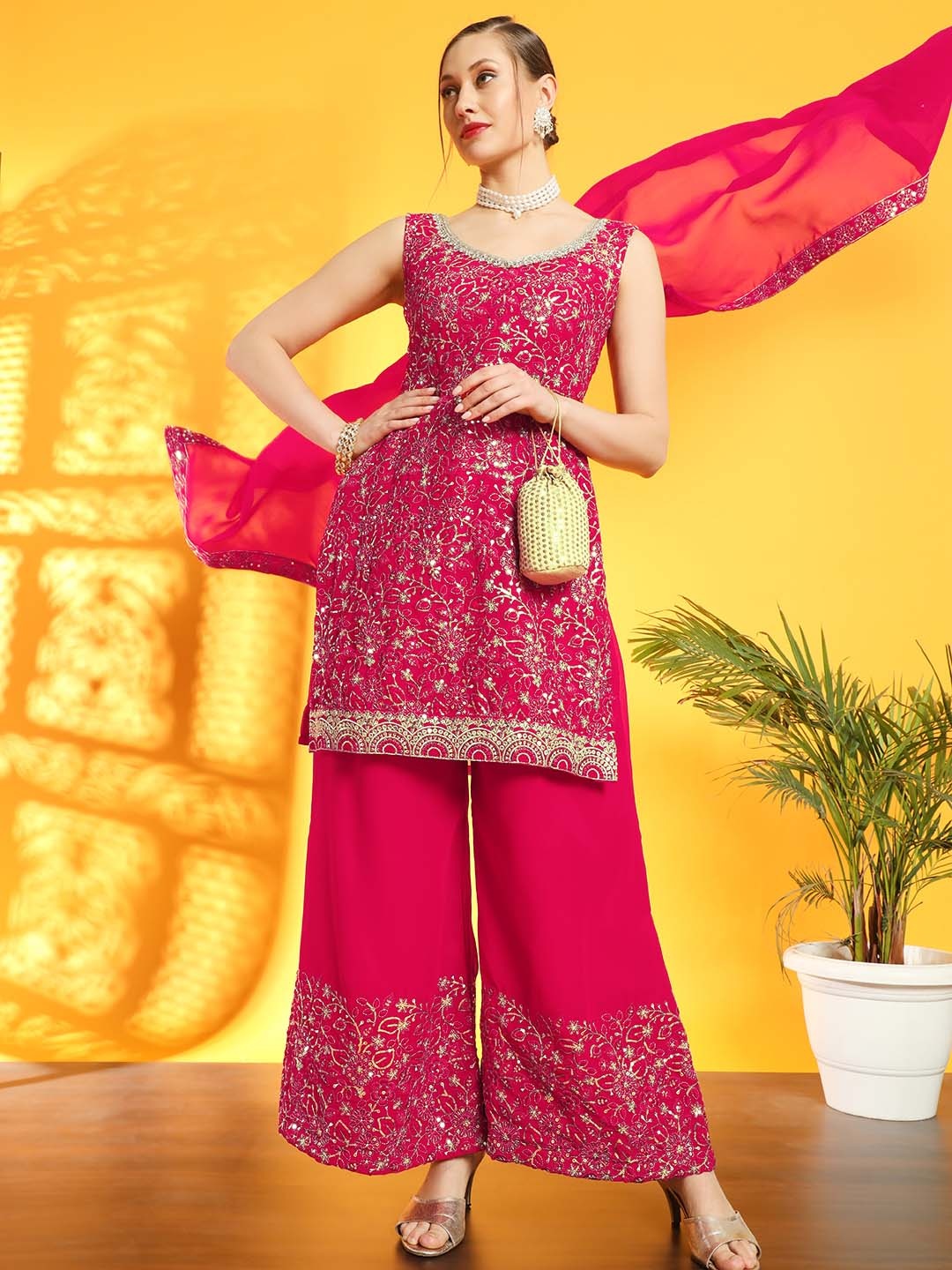 

Chhabra 555 Floral Embroidered Sequinned Straight Kurta With Palazzos & Dupatta, Magenta