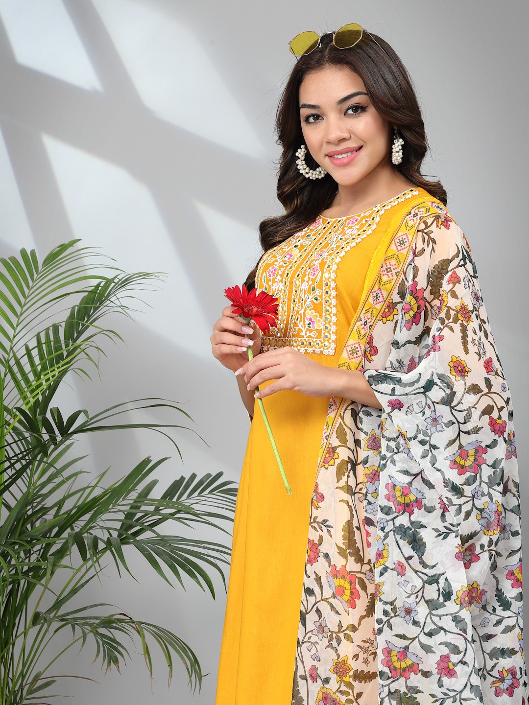

BAESD Floral Embroidered Thread Work Straight Kurta With Trousers & Dupatta, Yellow