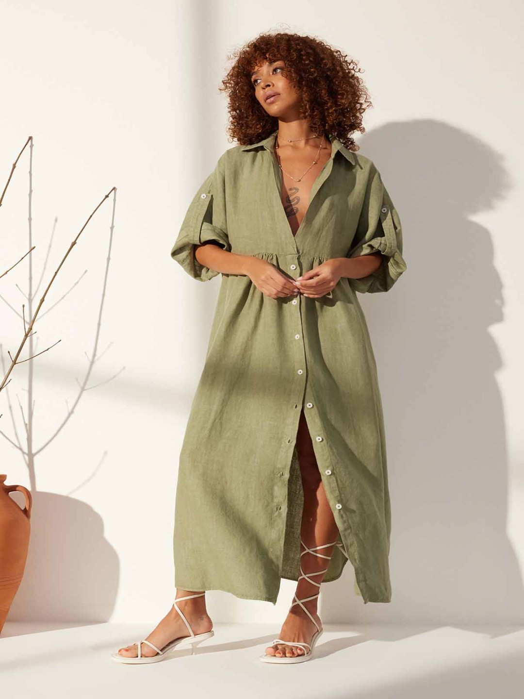 

Trendyol Shirt Collar Linen Maxi Dress, Green