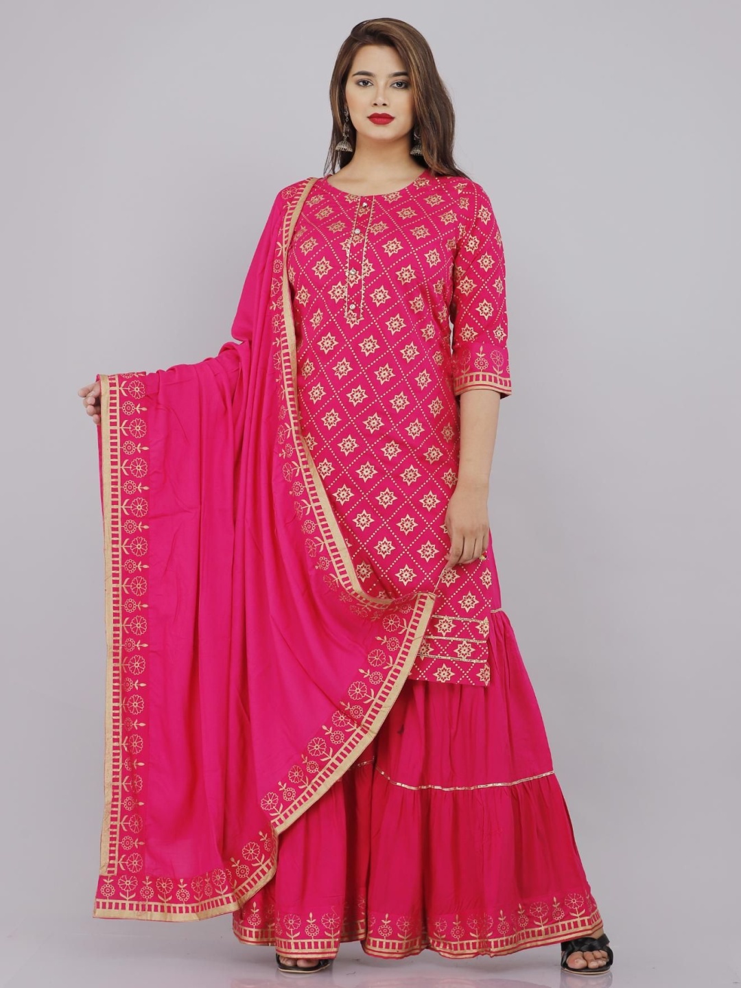 

Niona Ethnic Motifs Printed Straight Kurta With Sharara & Dupatta, Pink