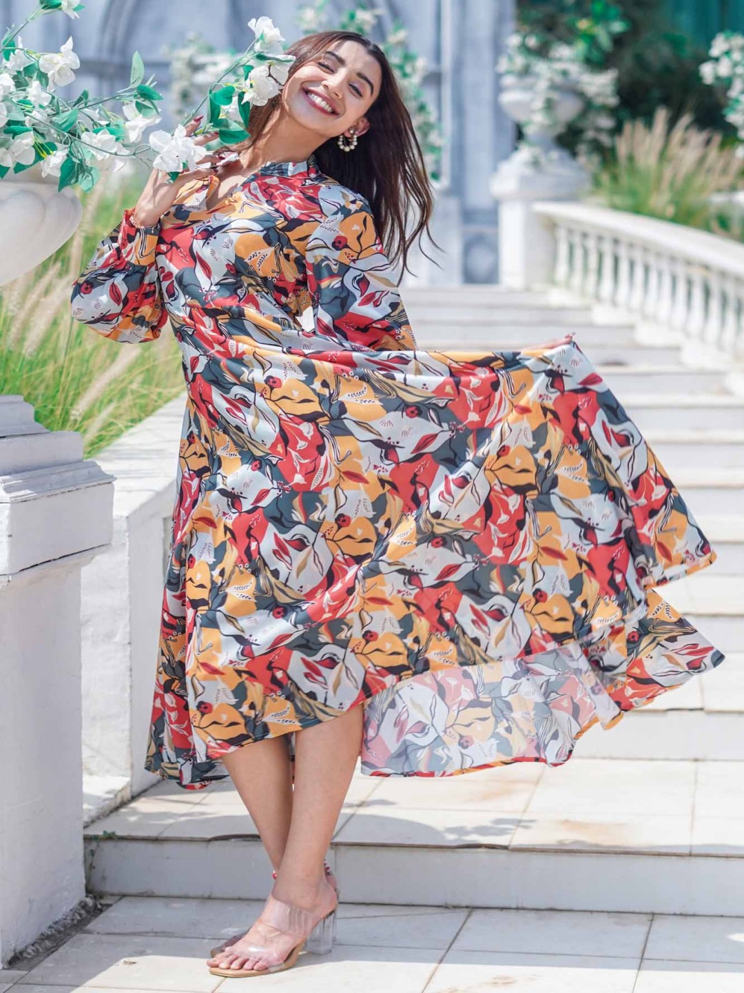 

GO BOUJEE Women Floral Printed Cuffed Sleeves A-Line Midi Dress, Red