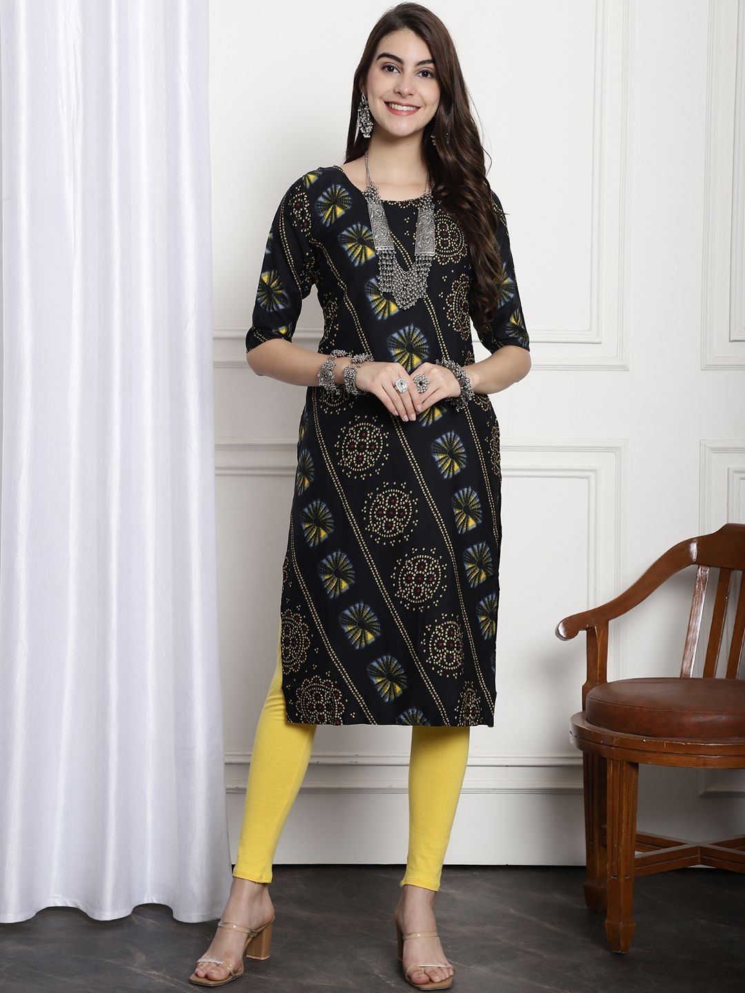 

7Threads Selection Of 6 Ethnic Motifs Printed Crepe Straight Kurtas, Black