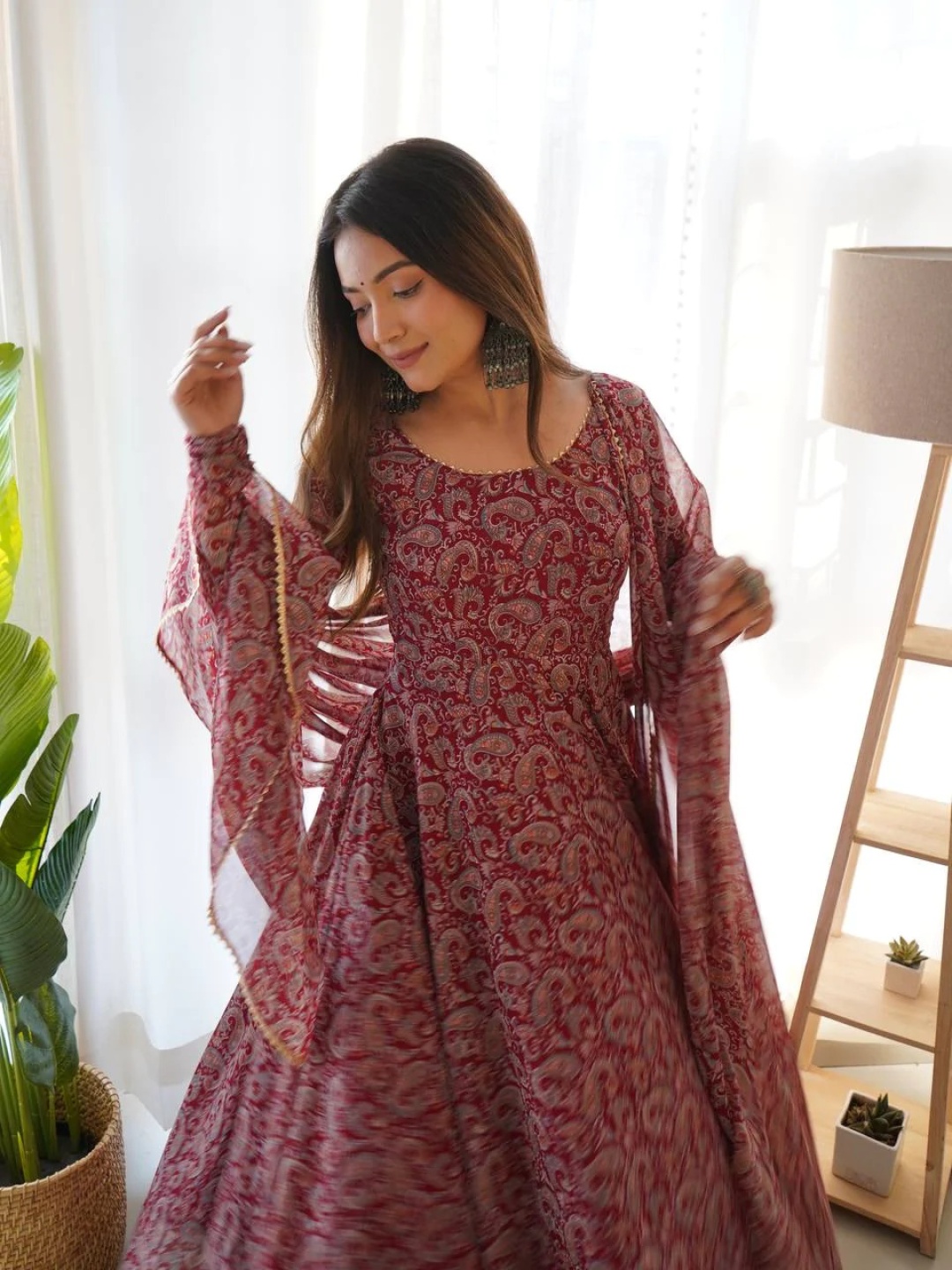 

KALINI Ethnic Motifs Printed Gotta Patti Anarkali Kurta With Trousers & Dupatta, Maroon