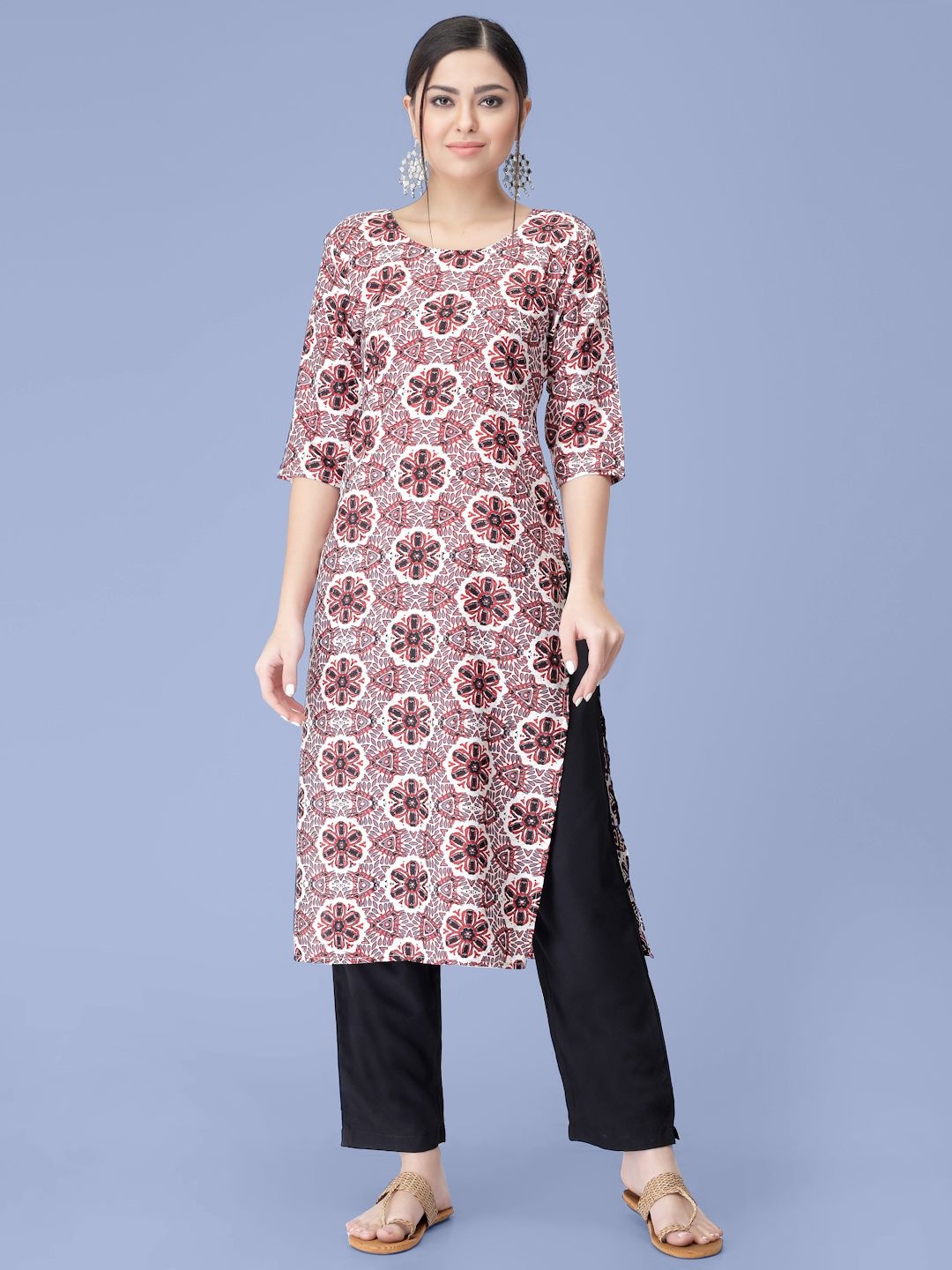 

7Threads Ethnic Motifs Printed Round Neck Straight Kurta With Trousers, Red