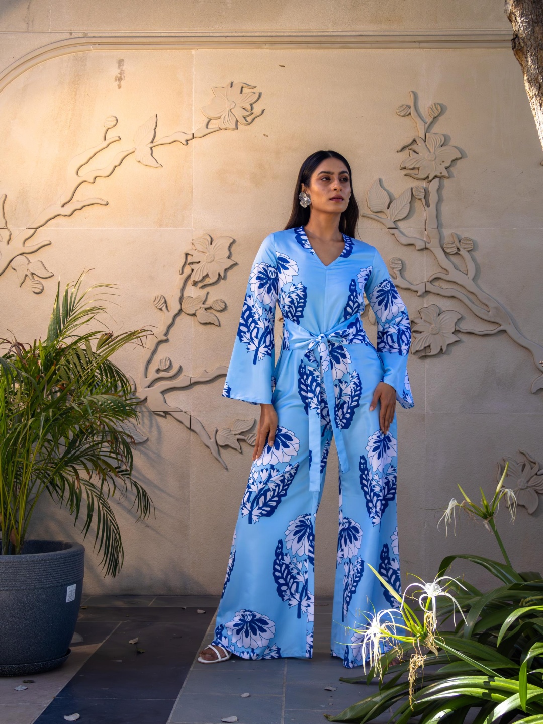 

AMROOD Printed Basic Poly Silk Jumpsuit, Blue