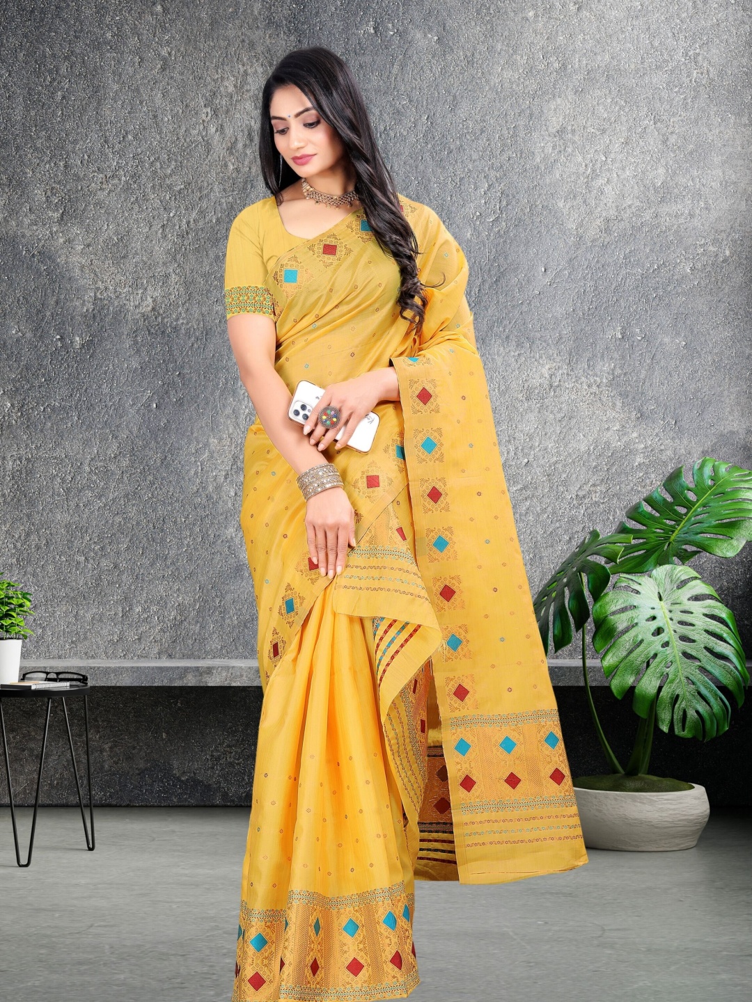 

KAMDAR Semi Dyed Toss Poly Pat Assamese Mekhela Sador Jharna, Yellow