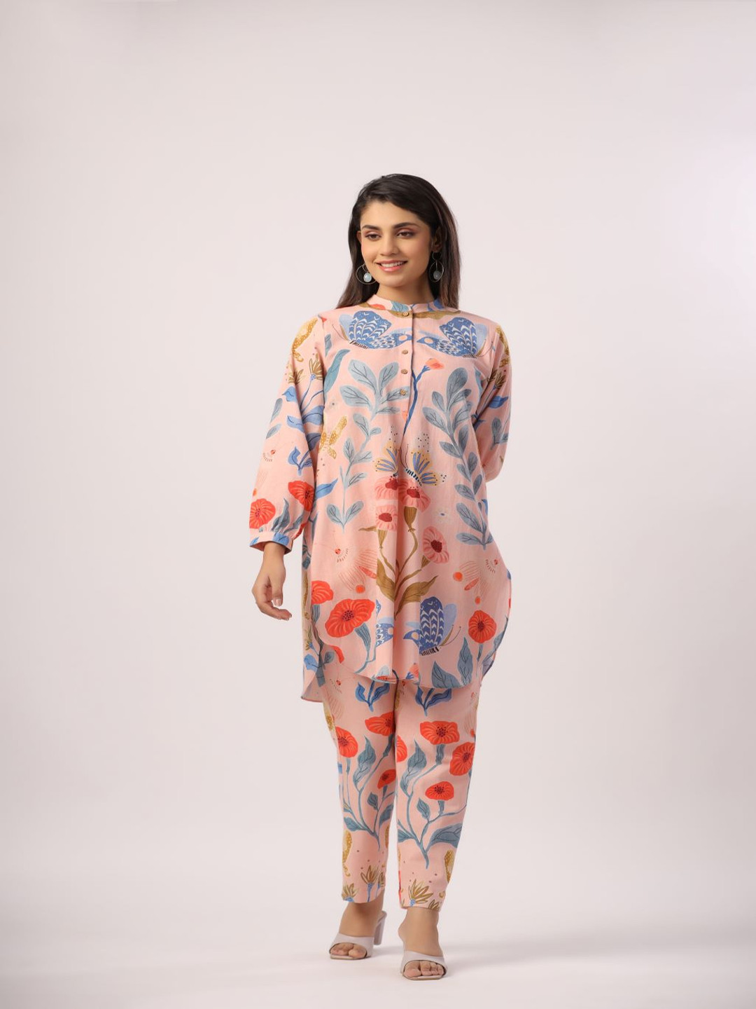 

JAIPURRANG Floral Printed Pure Cotton Tunic With Trousers, Peach