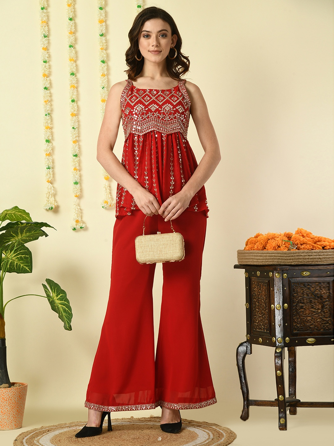 

KALINI Women Ethnic Motifs Embroidered Empire Thread Work Top with Palazzos, Red