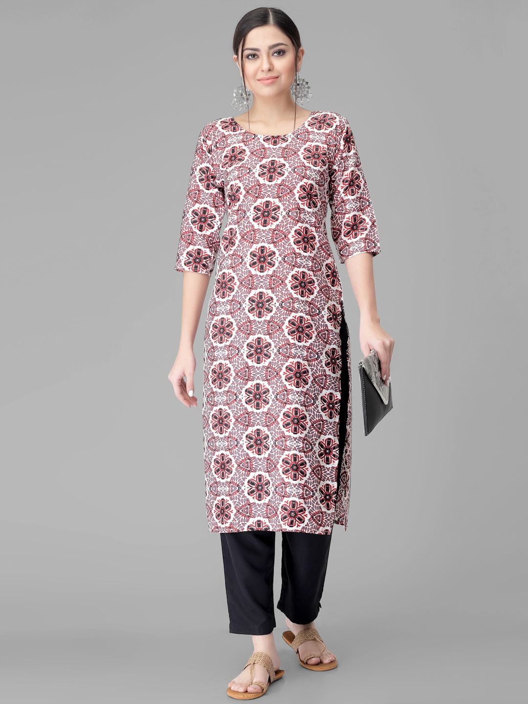 

7Threads Floral Printed Round Neck Straight Kurta With Trousers, Red