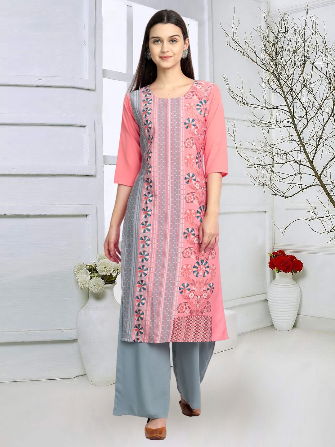 

7Threads Floral Printed Round Neck Straight Crepe Kurta, Pink