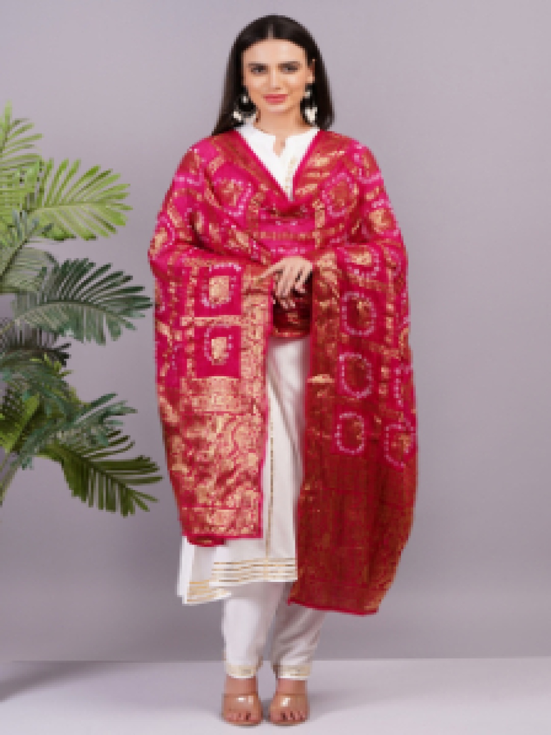 

KALINI Striped Gotta Patti Mandarin Collar Straight Kurta With Trousers & Dupatta, White