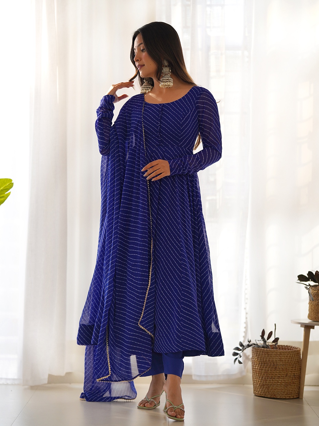 

Tanhai Leheriya Printed Gotta Patti Georgette Anarkali Kurta with Pyjamas & Dupatta, Blue