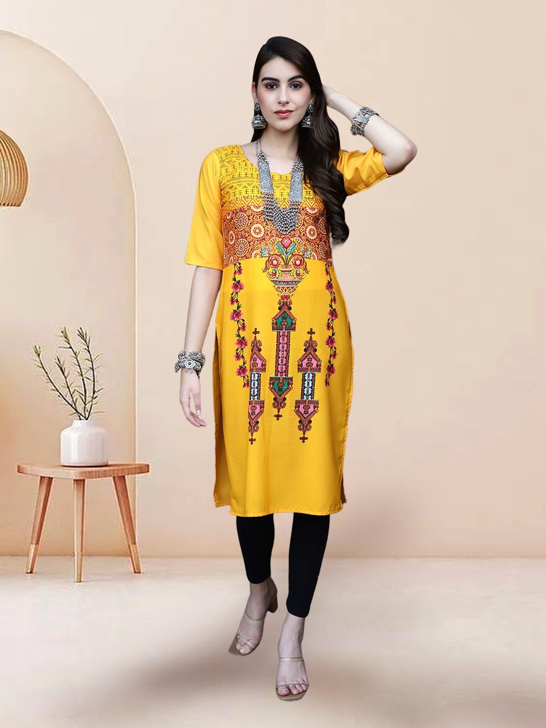 

7Threads Ethnic Motifs Printed Round Neck Straight Kurta, Yellow