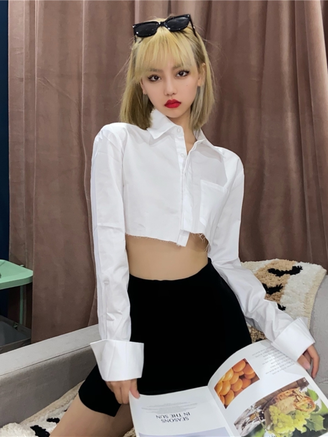 

KPOP Women Extended Sleeves Cotton Shirt Style Crop Top, White
