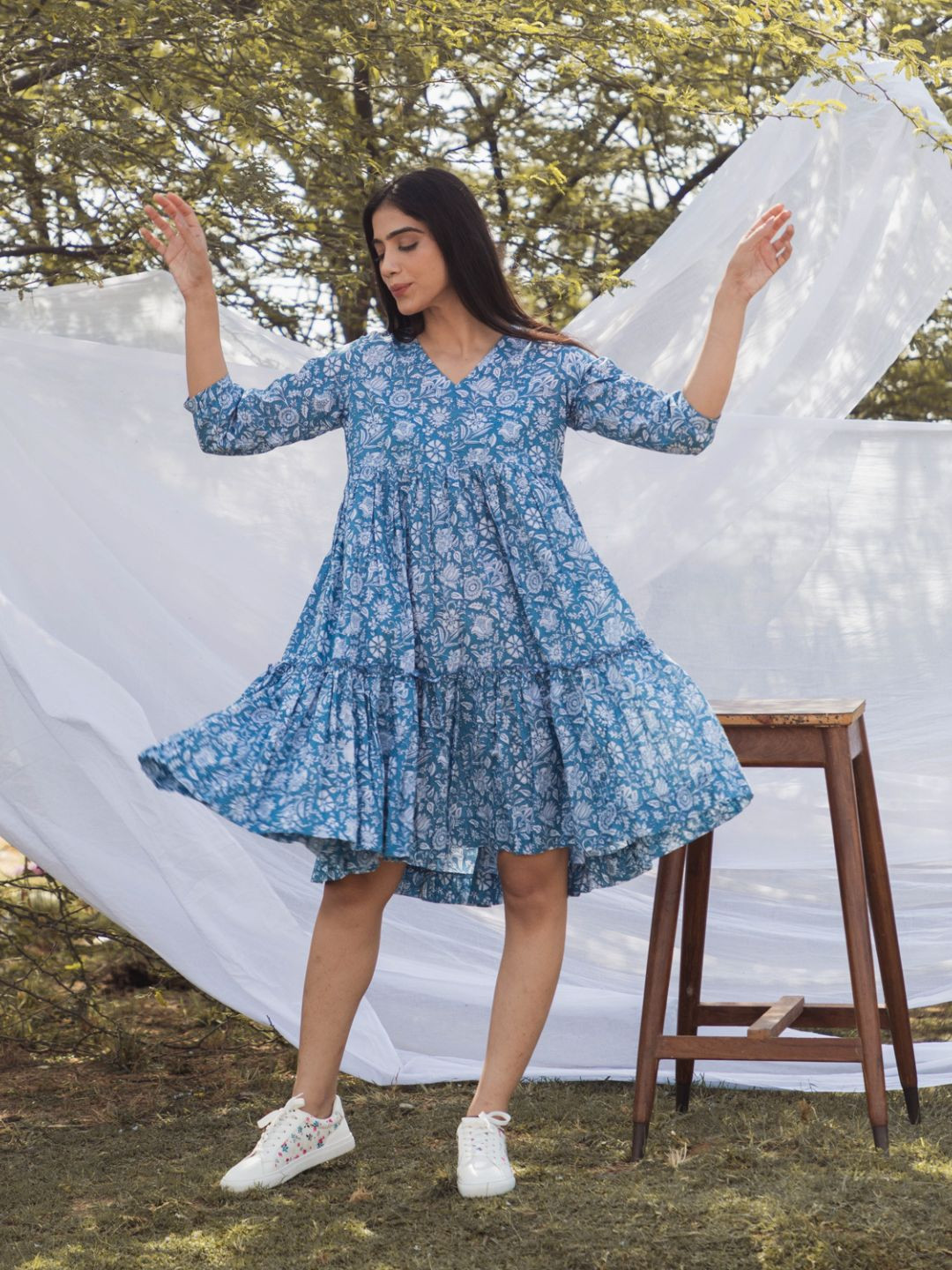 

Mera Rang Floral Printed A-Line Dress, Blue