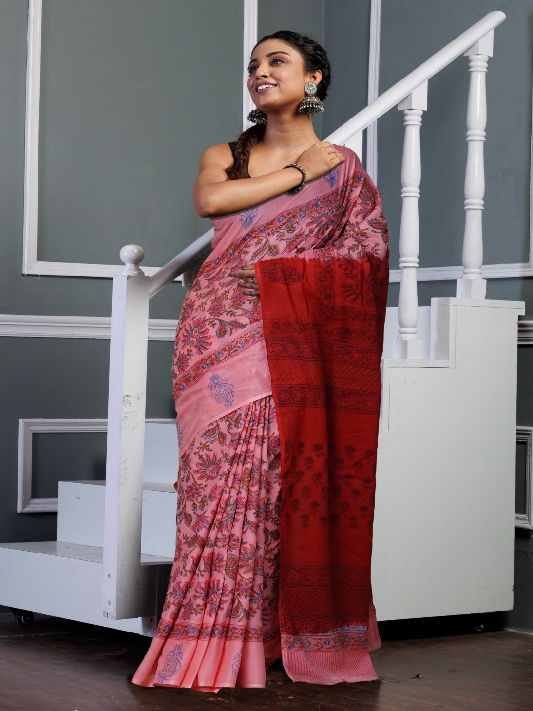 

Unnati Silks Ethnic Motifs Printed Pure Cotton Handloom Block Print Saree, Pink