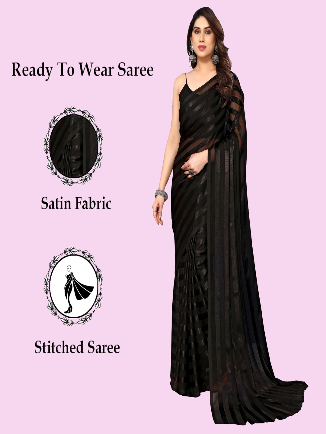 

ANAND SAREES Striped Satin Saree, Black