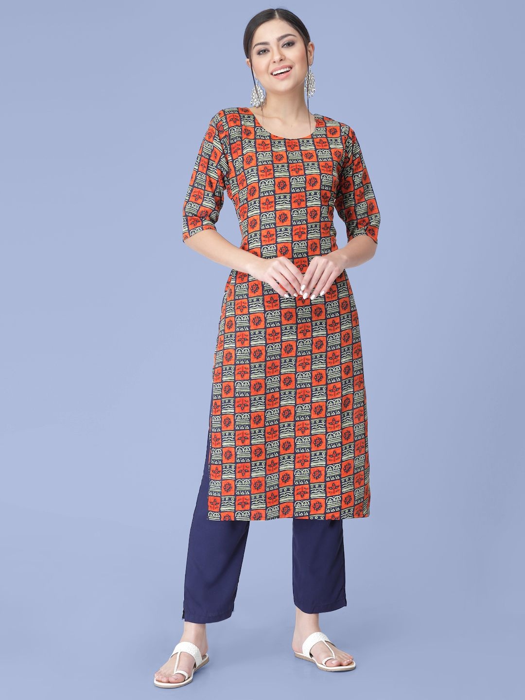 

7Threads Ethnic Motifs Printed Round Neck Straight Kurta With Trousers, Orange