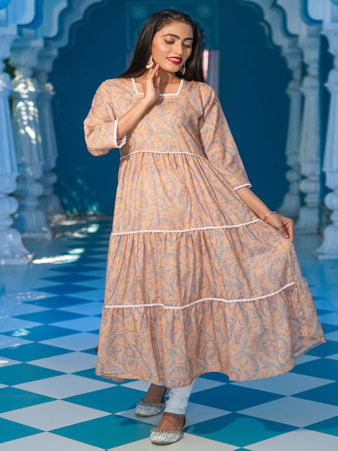 

GO BOUJEE Floral Printed Lace Frills Tiered A-Line Kurta, Peach