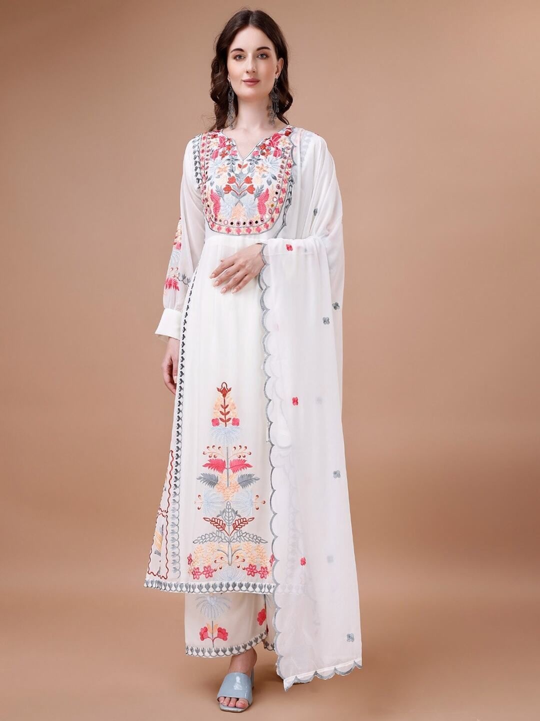 

REALLTREND Floral Embroidered Empire Thread Work Straight Kurta With Palazzos And Dupatta, White