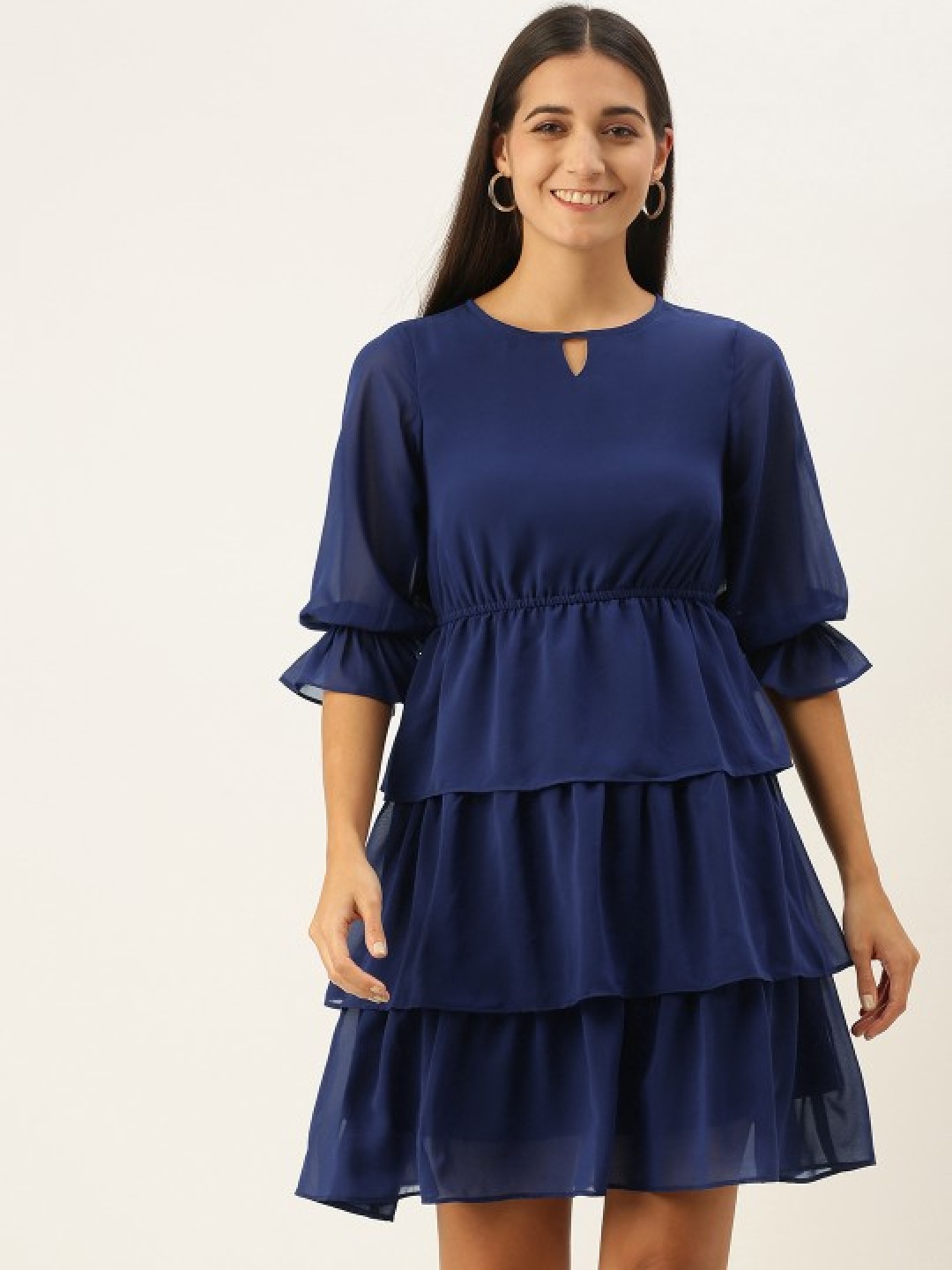 

MELOSO Bishop Sleeve Layered Georgette Fit & Flare Dress, Navy blue