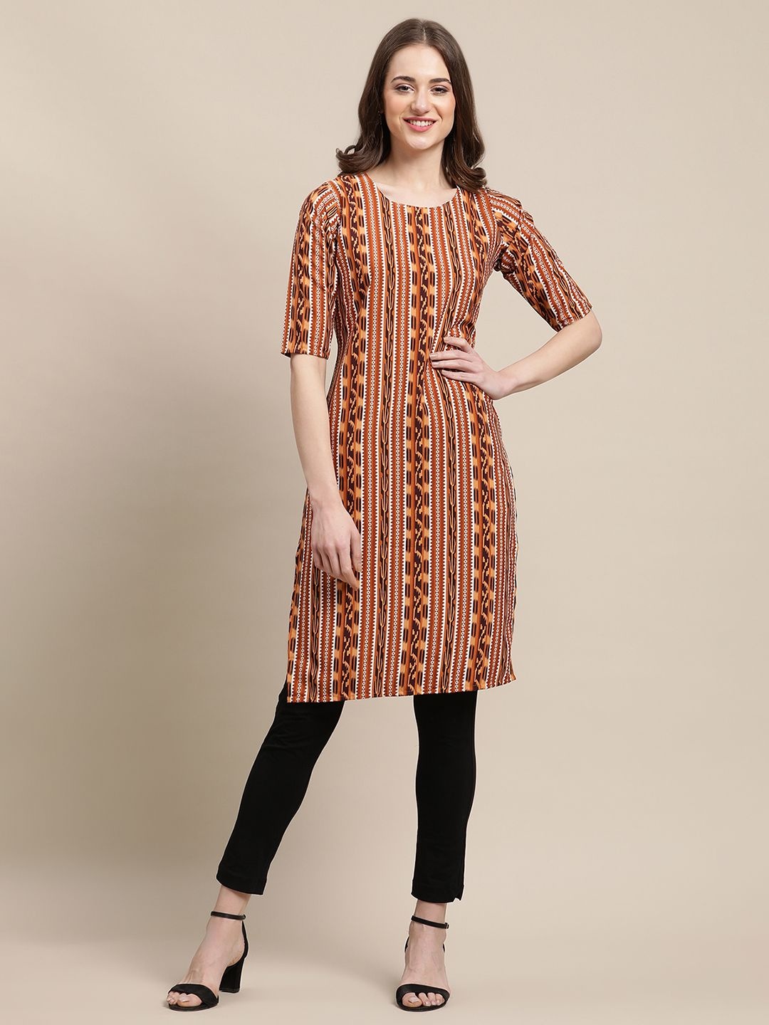 

7Threads Selection of 4 Geometric Printed Crepe Straight Kurtas, Brown