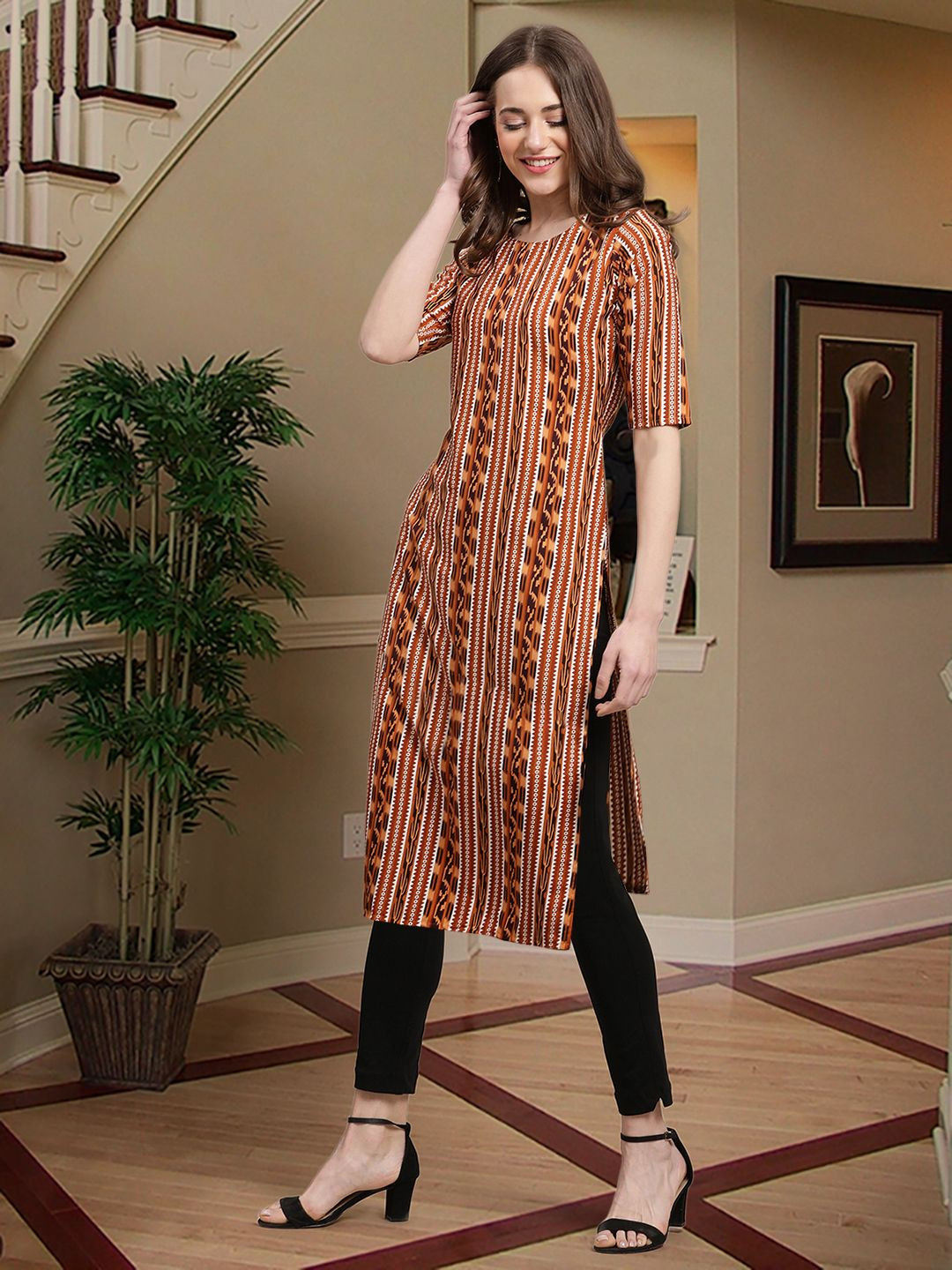 

7Threads Geometric Printed Straight Kurta, Brown