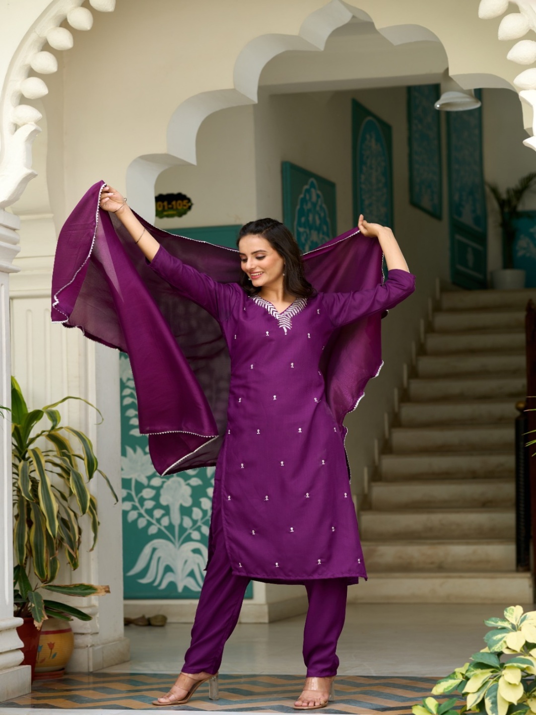 

THE52 V Neck Embroidered Regular Sequinned Straight Kurta with Trousers & With Dupatta, Purple