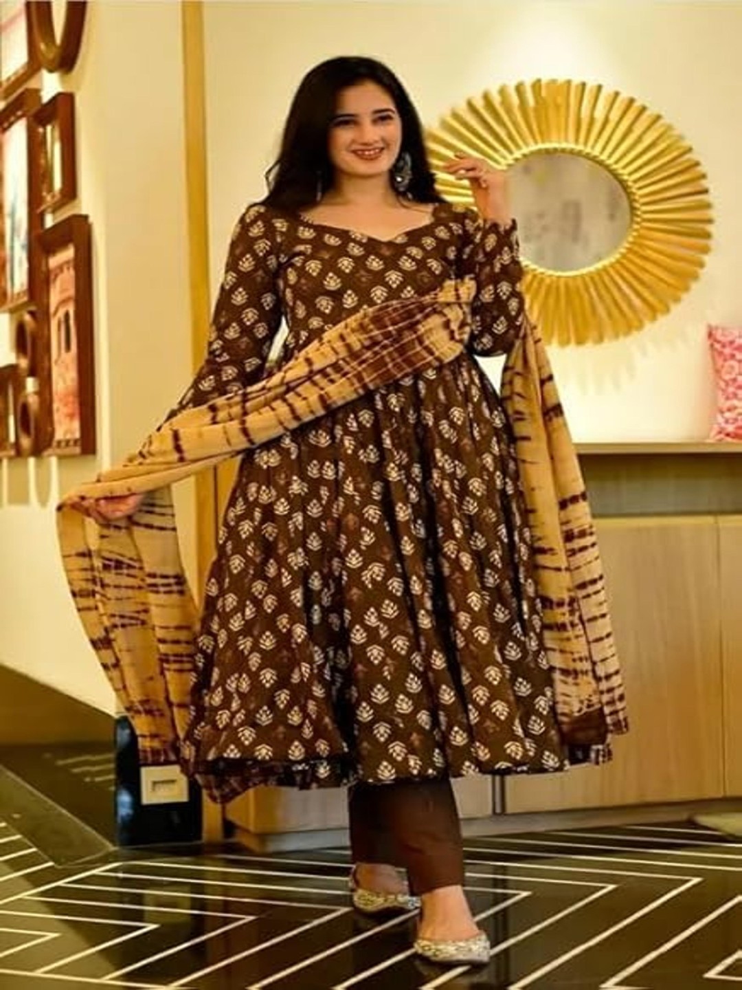 

KALINI Ethnic Motifs Printed Kurta With Palazzos & Dupatta, Brown
