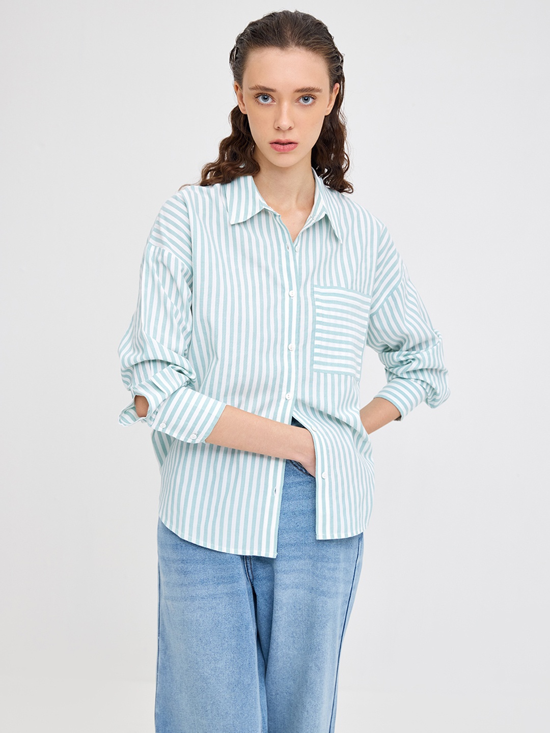 

COVER STORY Women Striped Casual Shirt, Green