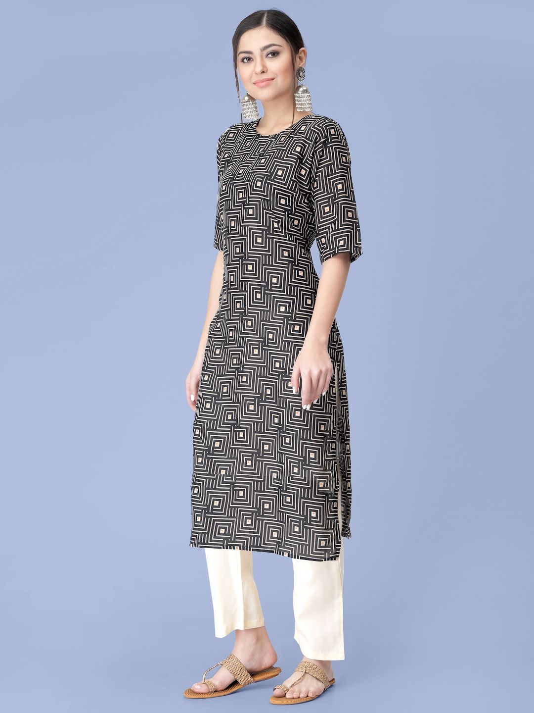 

7Threads Geometric Printed Round Neck Straight Kurta with Trousers, Blue
