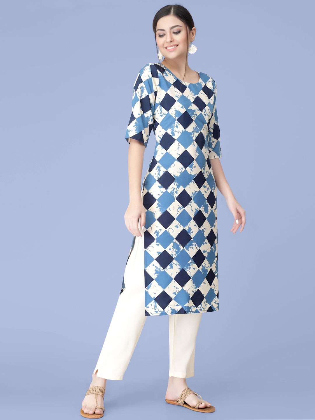 

7Threads Checked Printed Round Neck Straight Kurta With Trousers, White