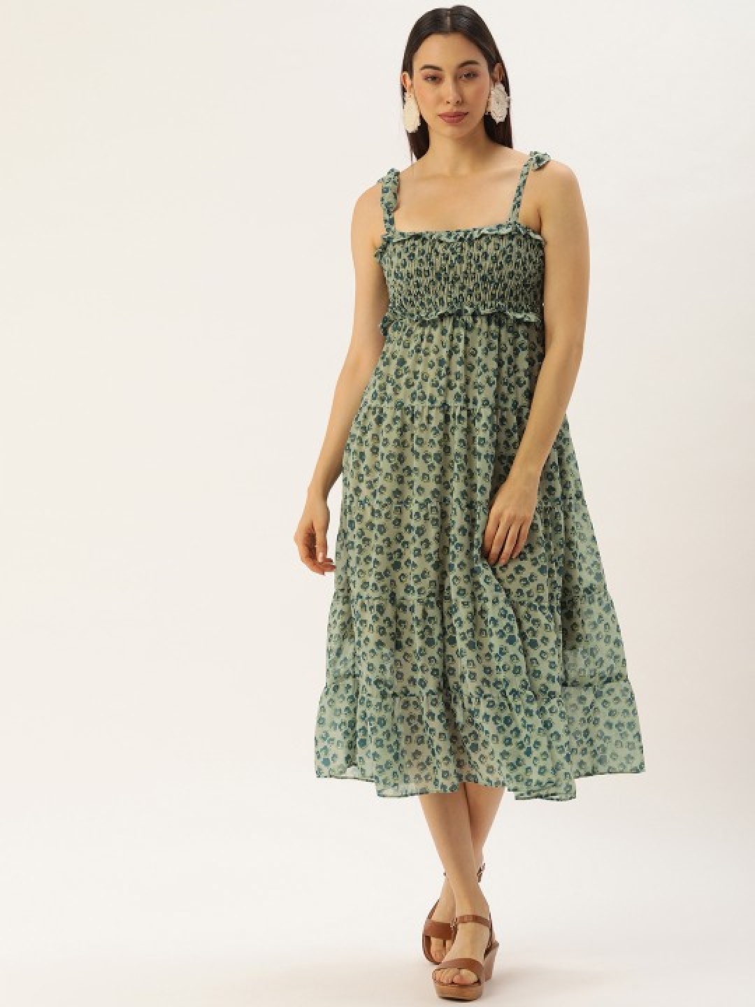 

MELOSO Floral Print Georgette Fit & Flare Maxi Dress, Olive