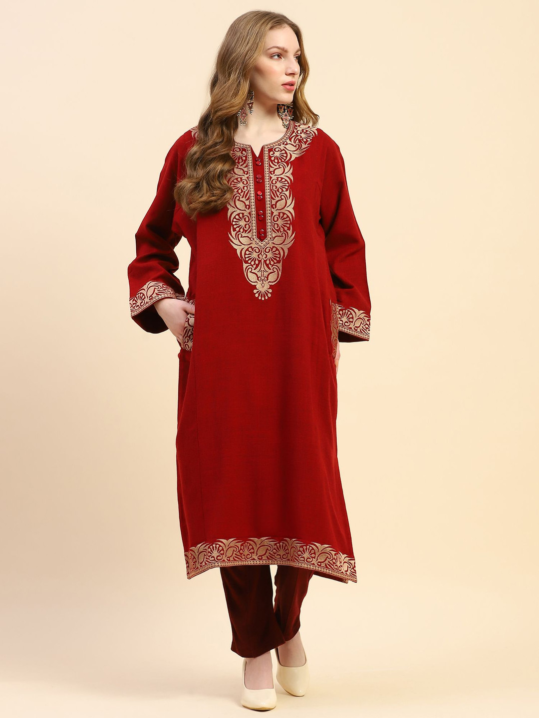 

Me&I Ethnic Motifs Embroidered Round Neck Flared Sleeves Pakistani Style Kurta, Maroon