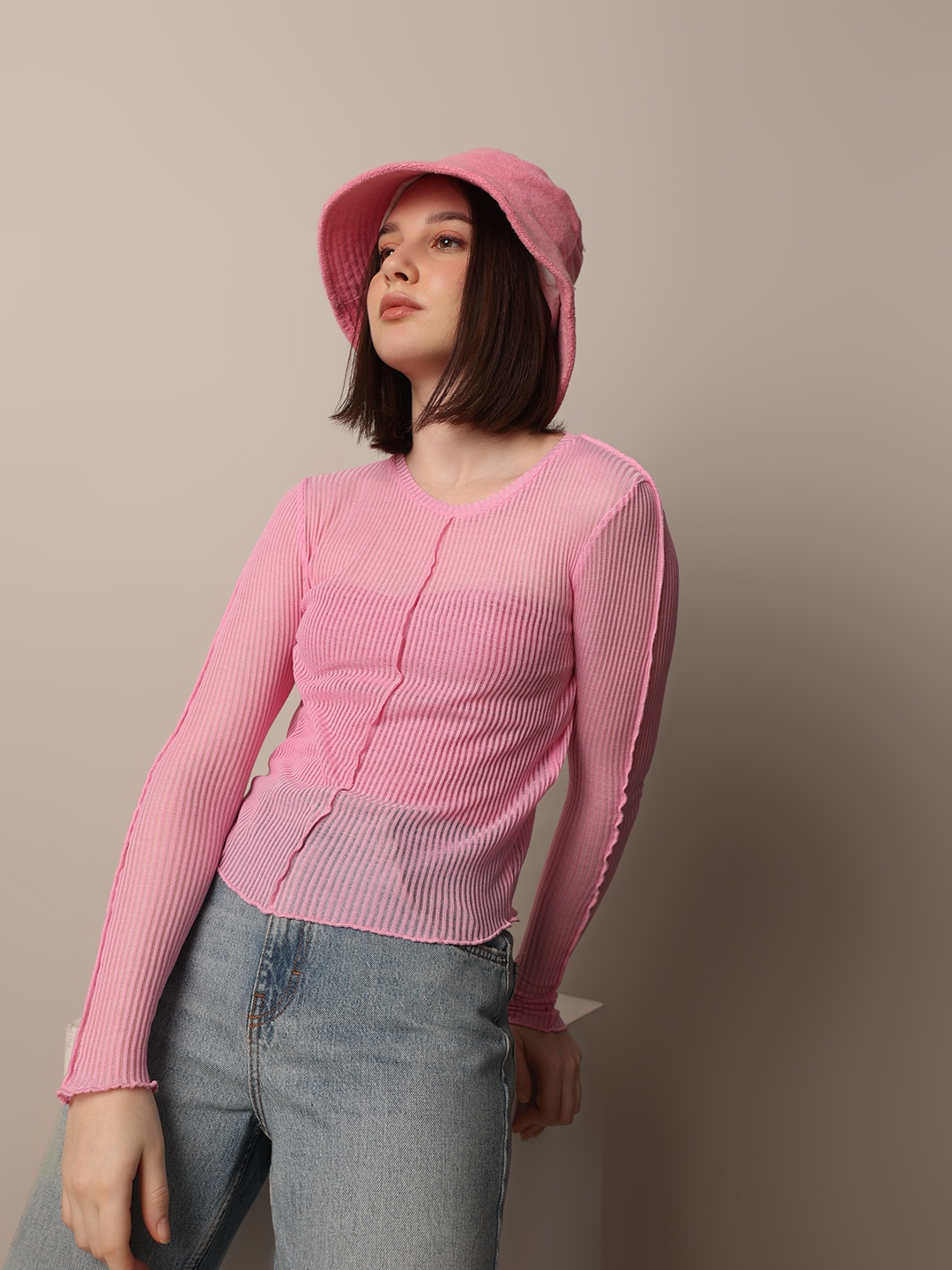 

ONLY Women Self Design Round Neck Top, Pink