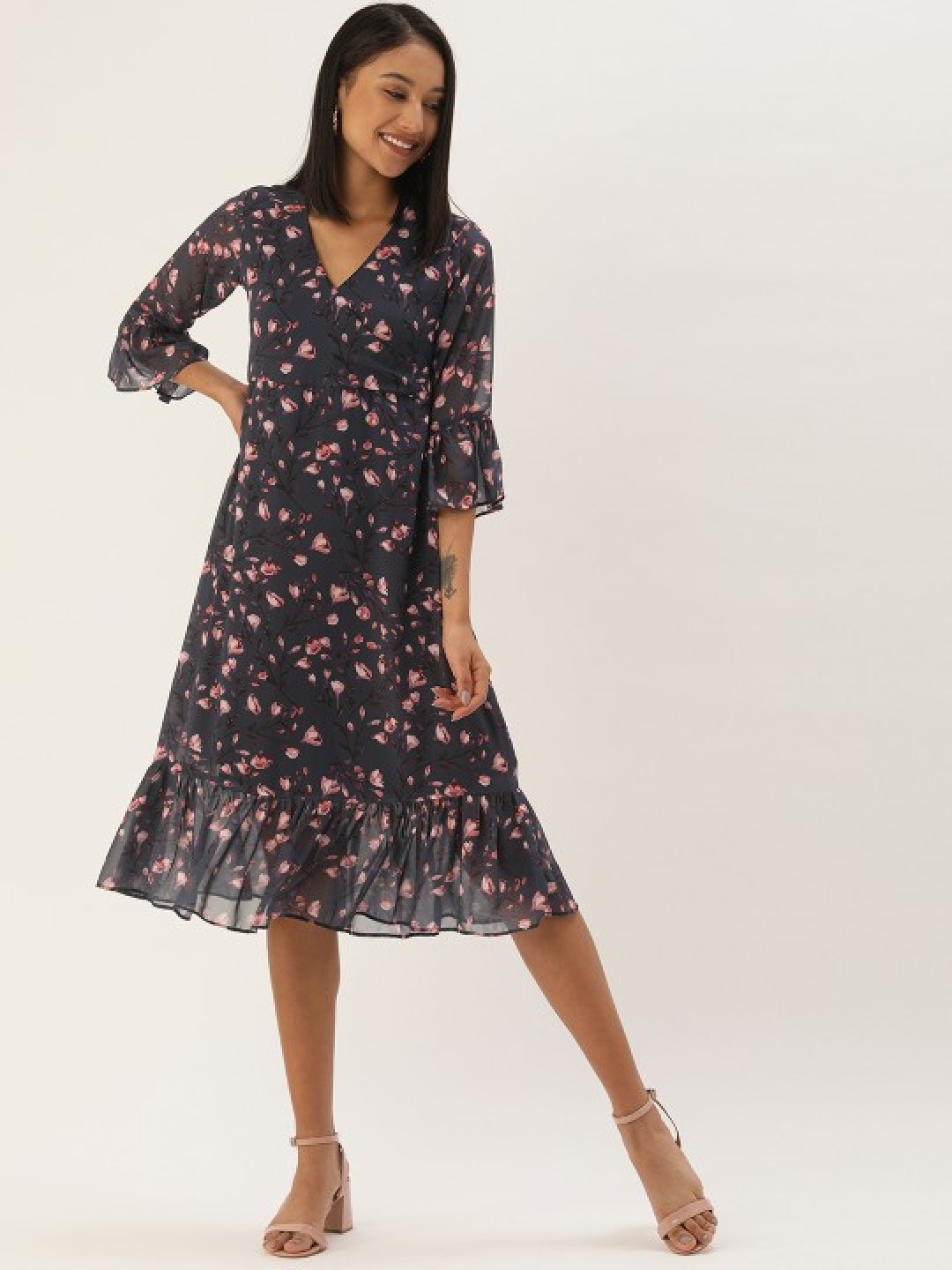 

MELOSO Floral Print Bell Sleeve Georgette Fit & Flare Maxi Dress, Navy blue