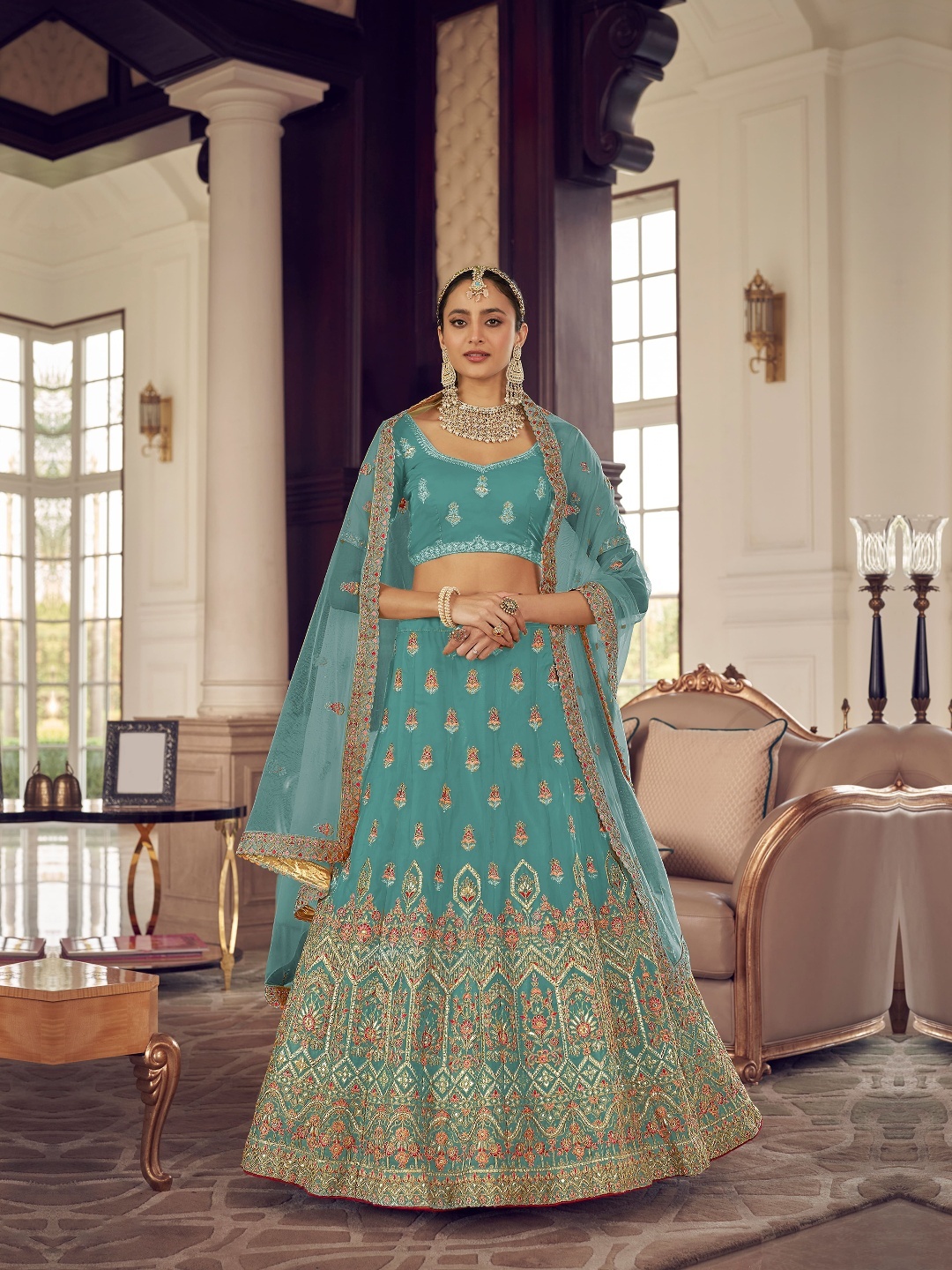 

Fusionic Embroidered Semi-Stitched Lehenga & Unstitched Blouse With Dupatta, Turquoise blue