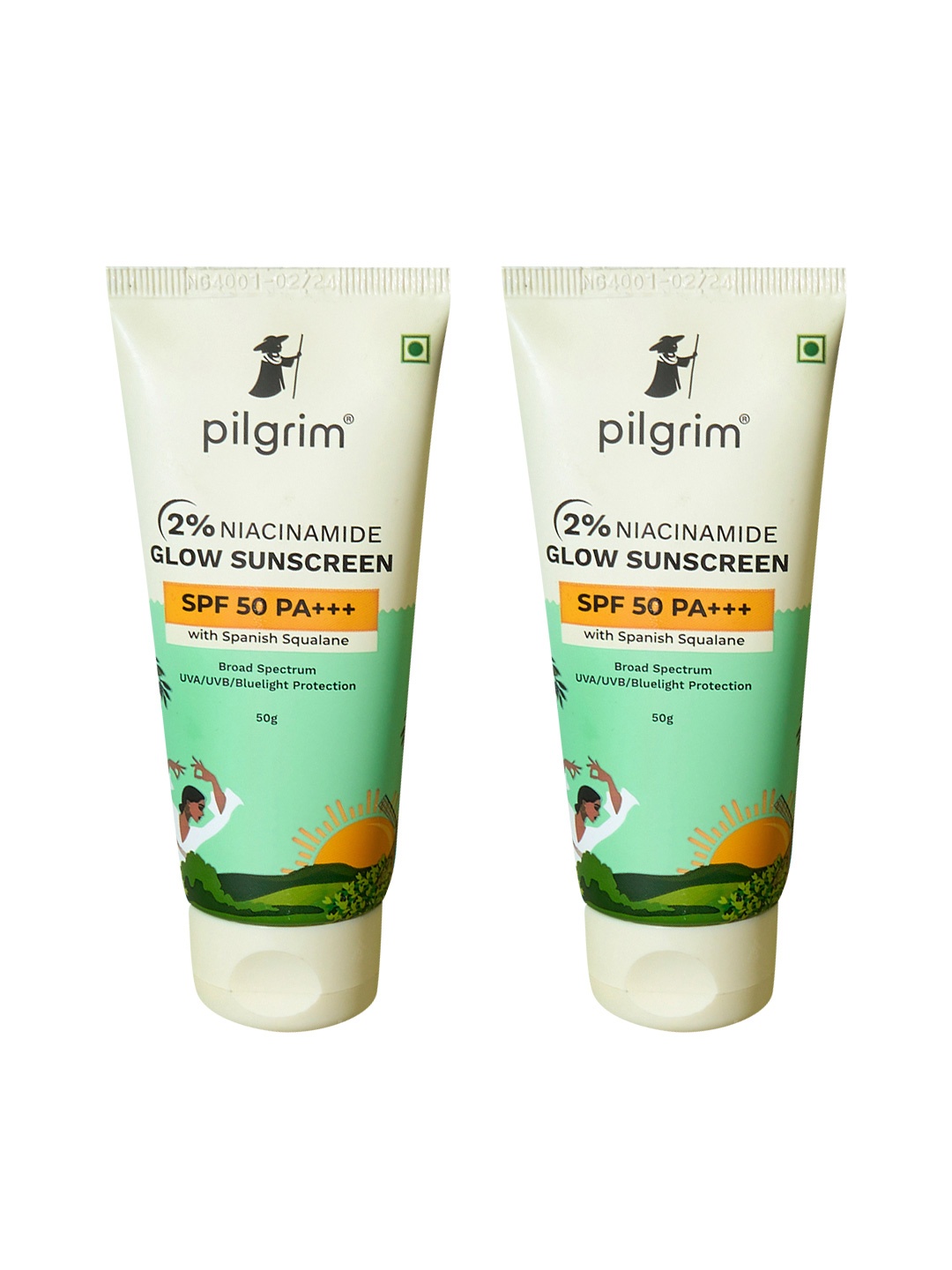 

Pilgrim 2-Pcs 2% Niacinamide SPF50 PA+++ Glow Sunscreen with Spanish Squalane - 50 g each, Green