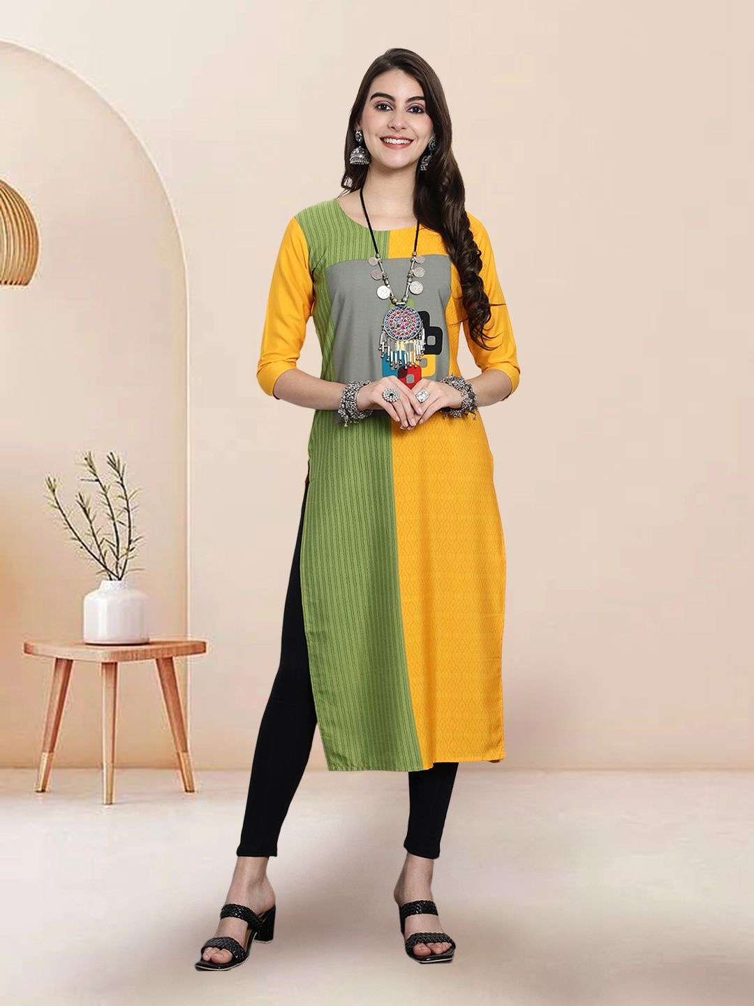 

7Threads Striped Printed Round Neck Straight Kurta, Yellow