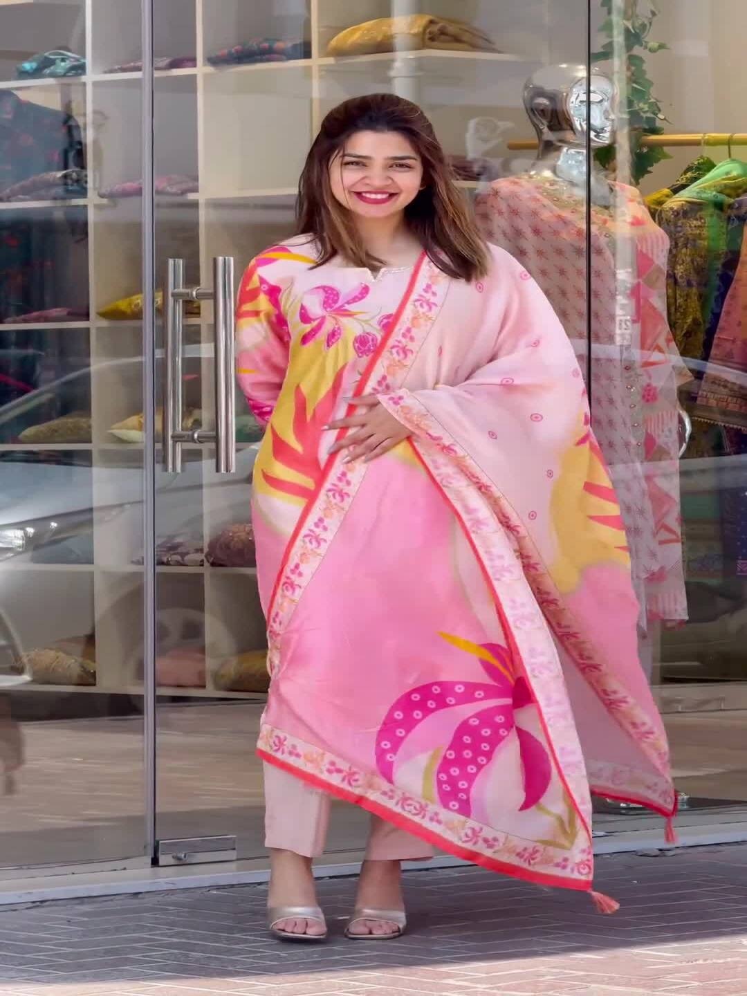 

SHIJILA Floral Printed Round Neck Regular Sequinned Kurta With Trouser With Dupatta, Pink