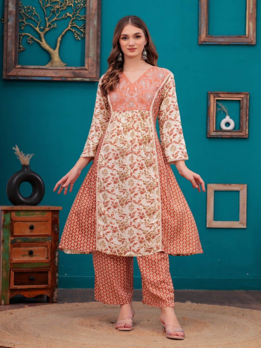 

BKApparels Floral Printed V-Neck A-Line Kurta With Trouser, Rust