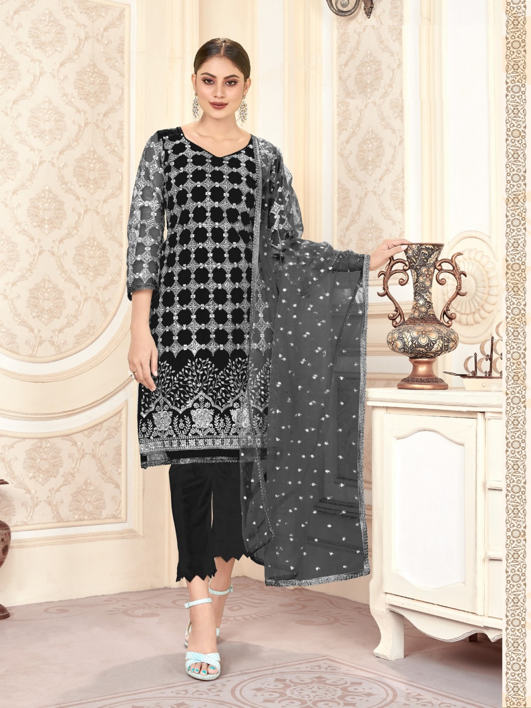 

VARNI FABRICS Floral Embroidered Semi-Stitched Dress Material, Black